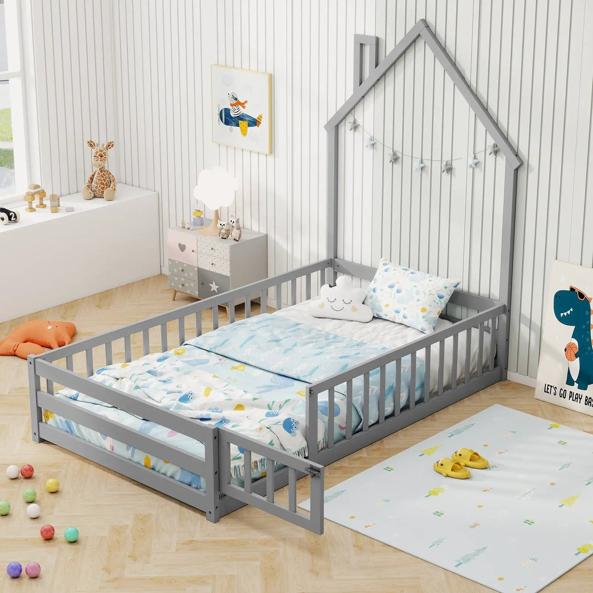 Twin Size Montessori Floor Bed with Lockable Door and Full-Length Guardrail by DirectDeals