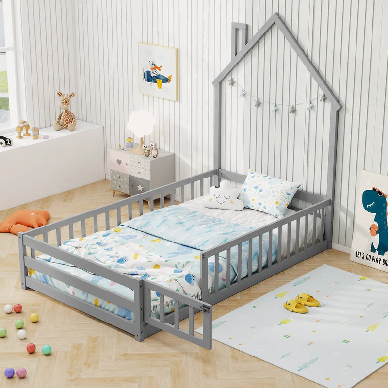 Twin Size Montessori Floor Bed with Lockable Door and Full-Length Guardrail by DirectDeals