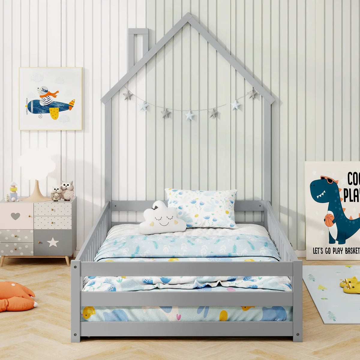 Twin Size Montessori Floor Bed with Lockable Door and Full-Length Guardrail by DirectDeals