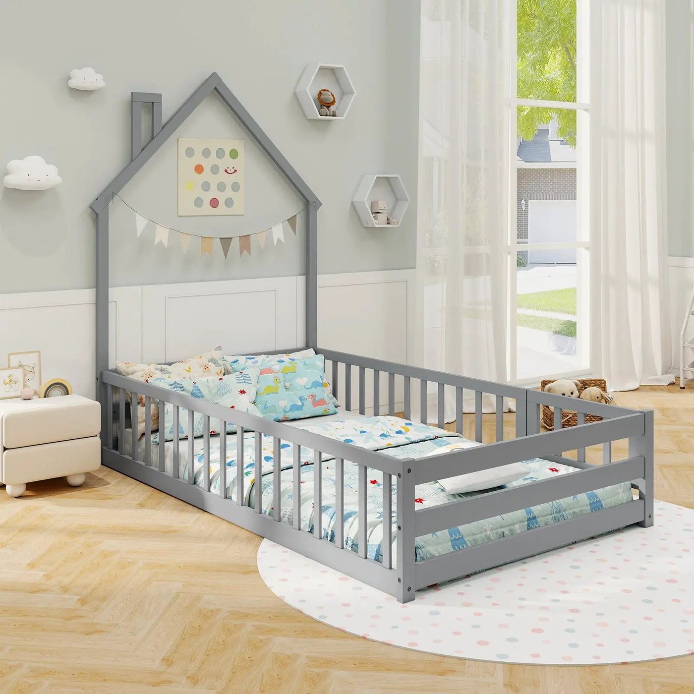 Twin Size Montessori Floor Bed with Lockable Door and Full-Length Guardrail by DirectDeals