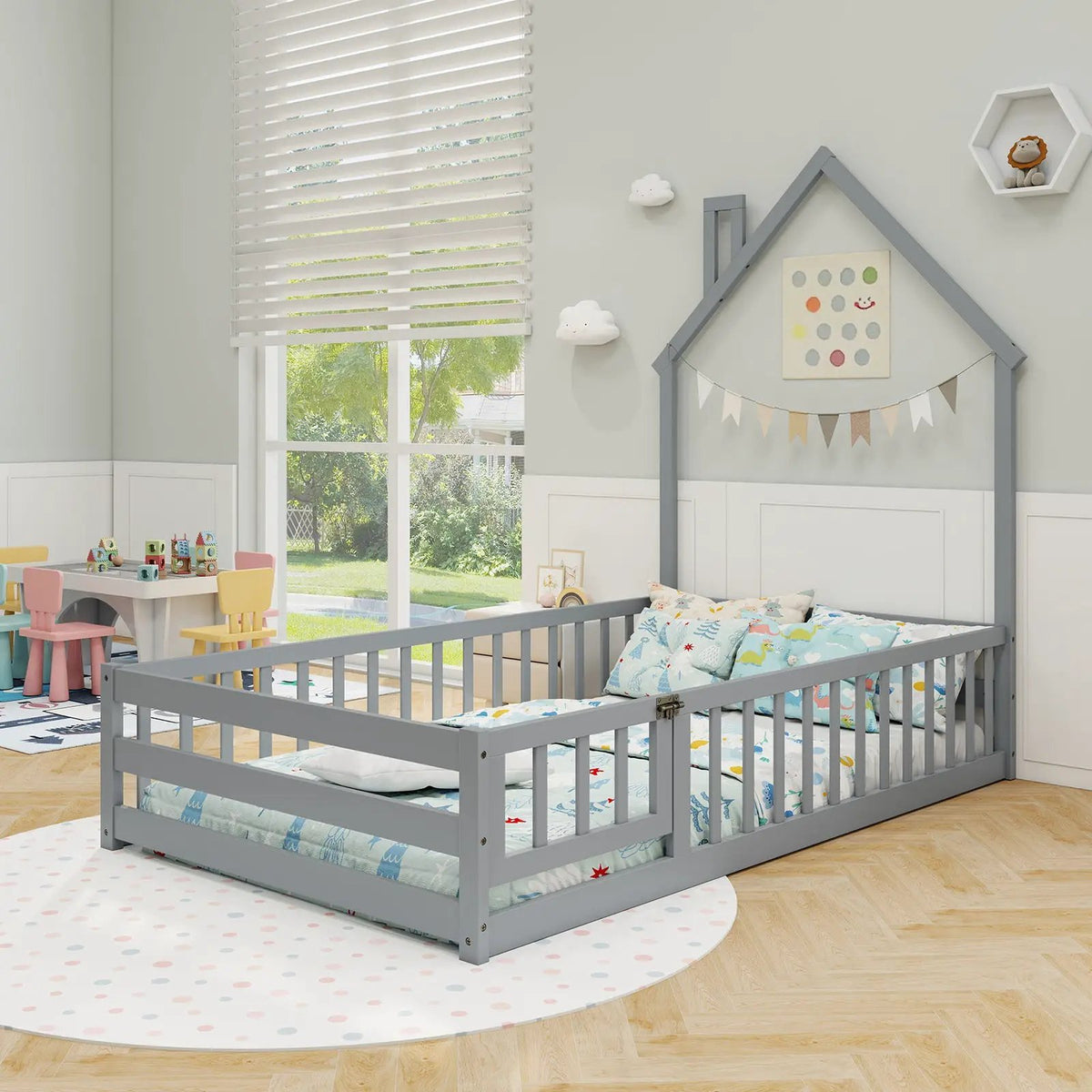 Twin Size Montessori Floor Bed with Lockable Door and Full-Length Guardrail by DirectDeals