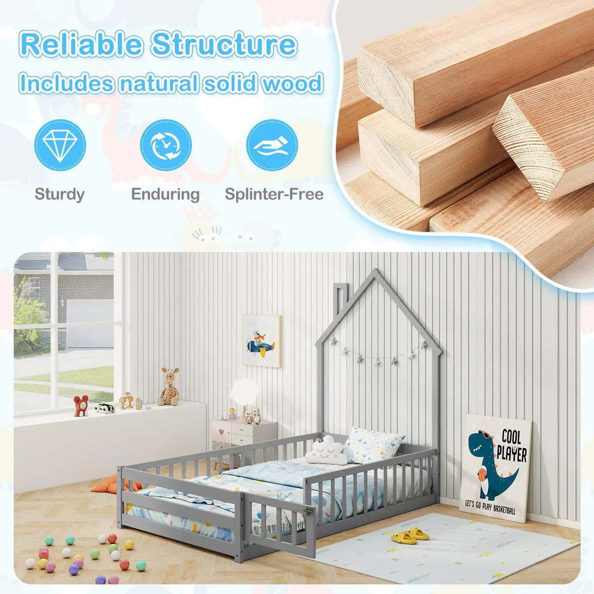 Twin Size Montessori Floor Bed with Lockable Door and Full-Length Guardrail by DirectDeals