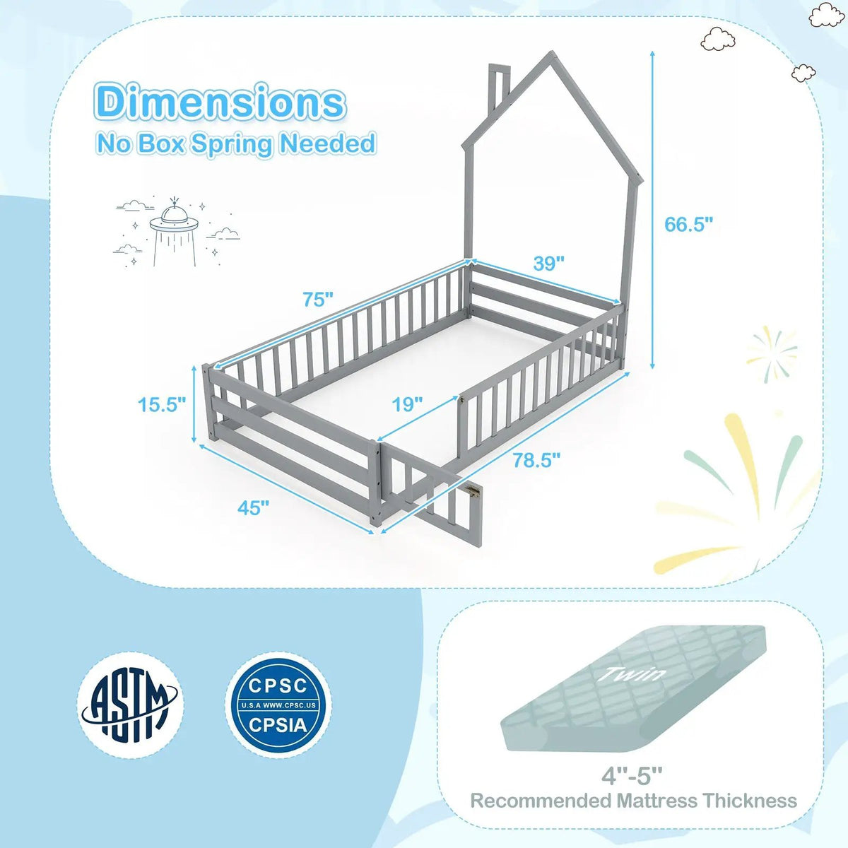 Twin Size Montessori Floor Bed with Lockable Door and Full-Length Guardrail by DirectDeals
