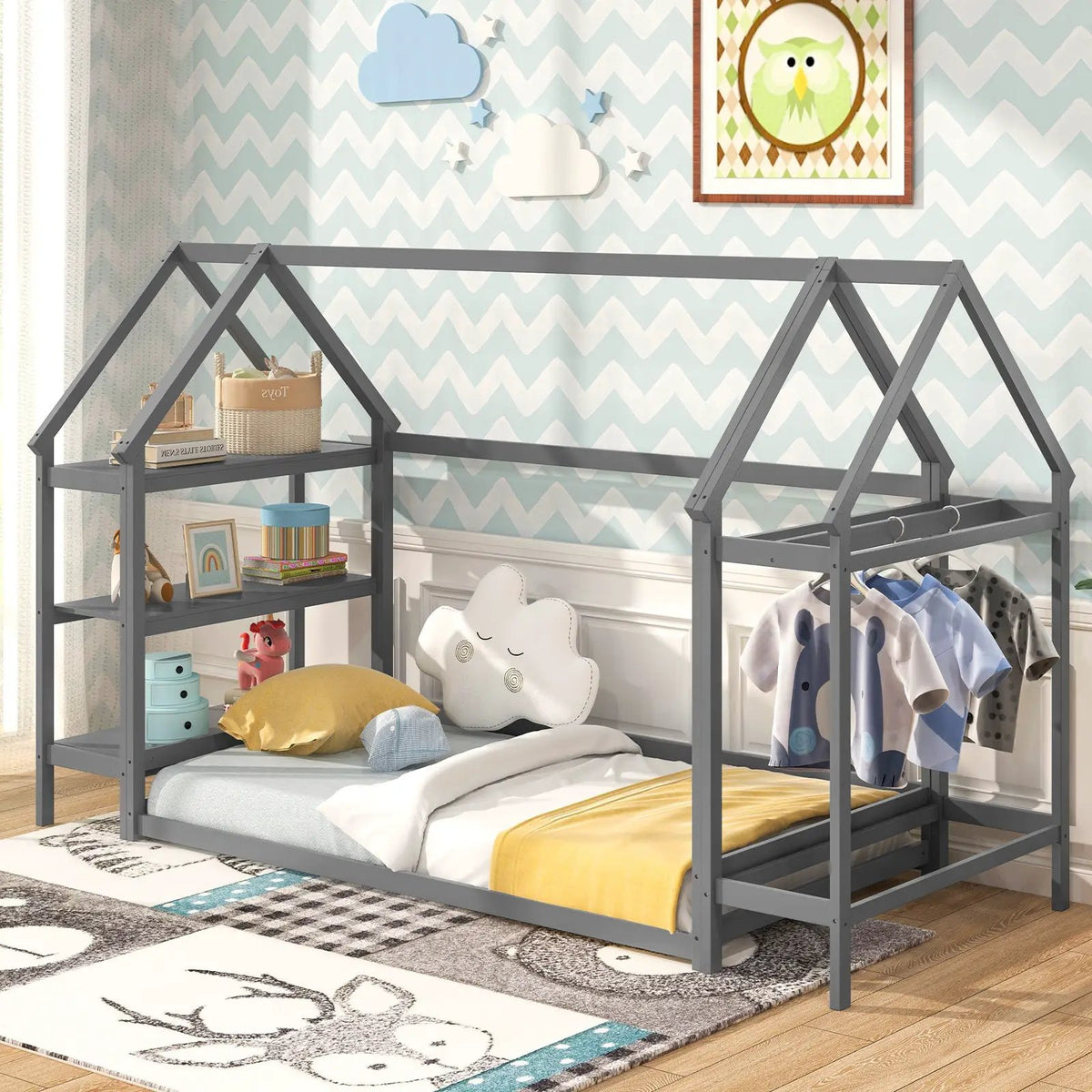 Twin Size Montessori Floor House Bed with Detachable Storage Shelves by DirectDeals