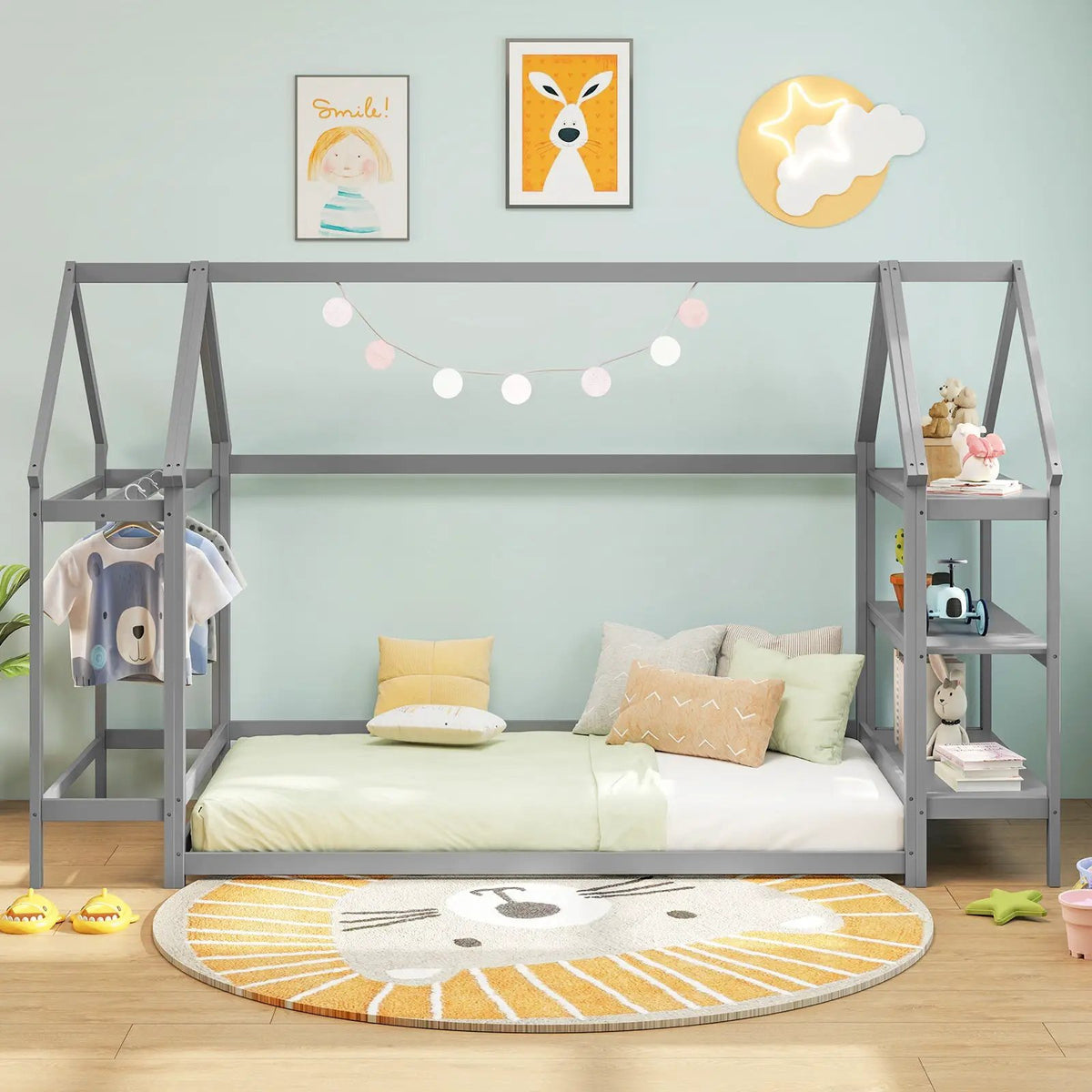 Twin Size Montessori Floor House Bed with Detachable Storage Shelves by DirectDeals