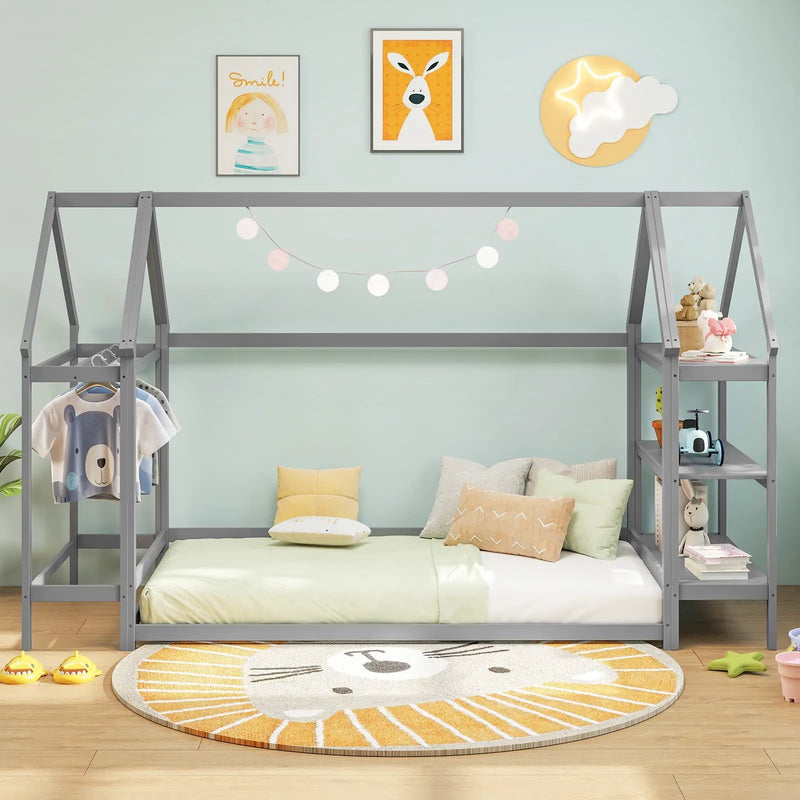Twin Size Montessori Floor House Bed with Detachable Storage Shelves by DirectDeals