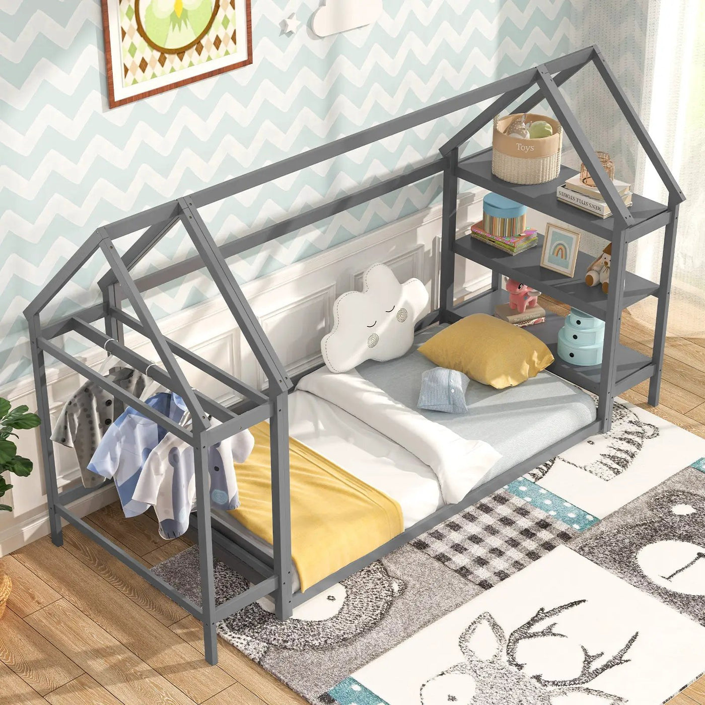 Twin Size Montessori Floor House Bed with Detachable Storage Shelves by DirectDeals