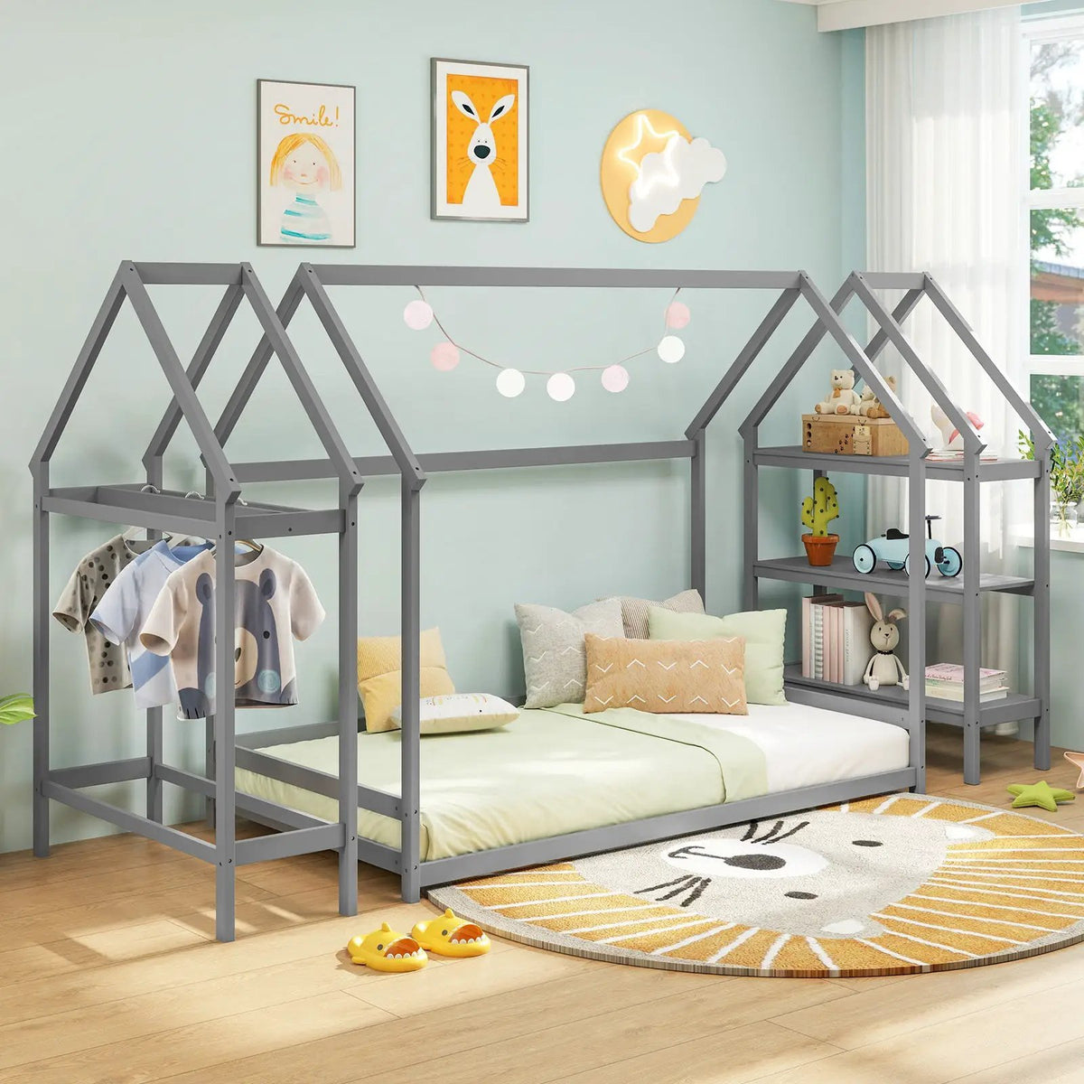 Twin Size Montessori Floor House Bed with Detachable Storage Shelves by DirectDeals