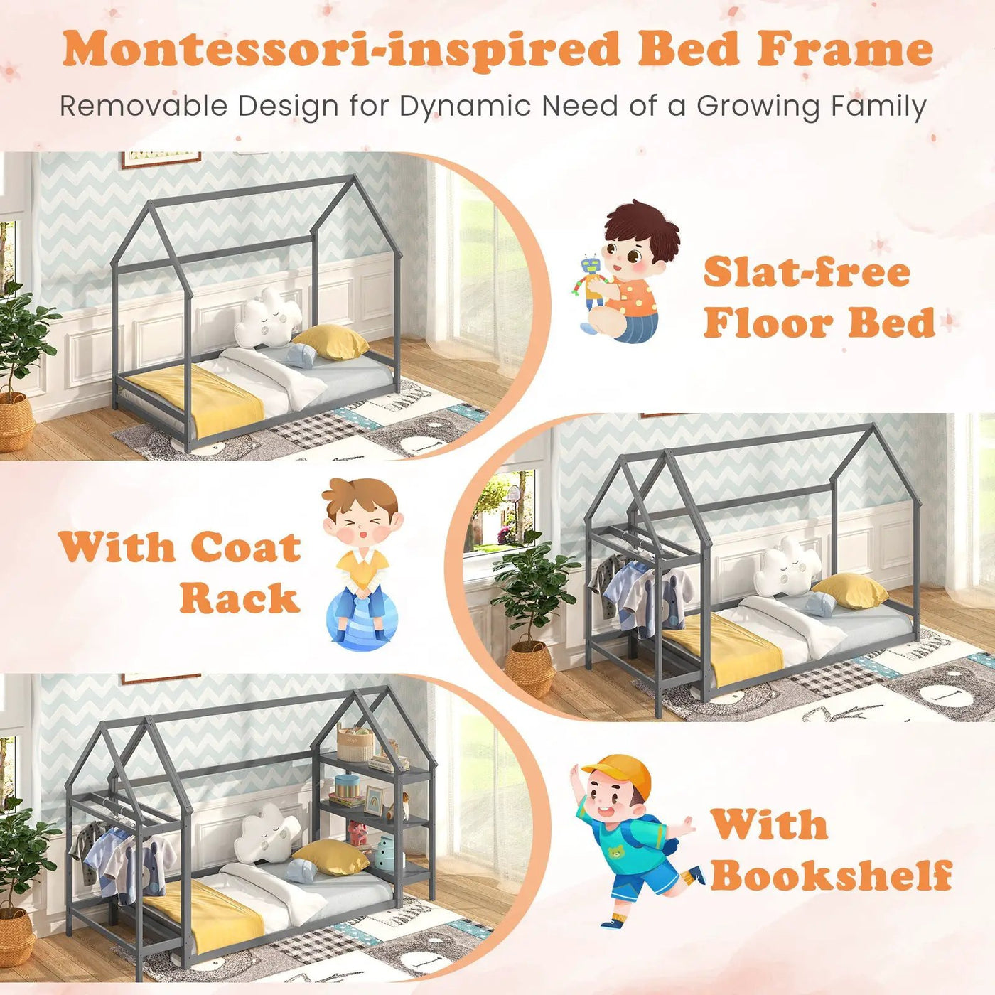 Twin Size Montessori Floor House Bed with Detachable Storage Shelves by DirectDeals