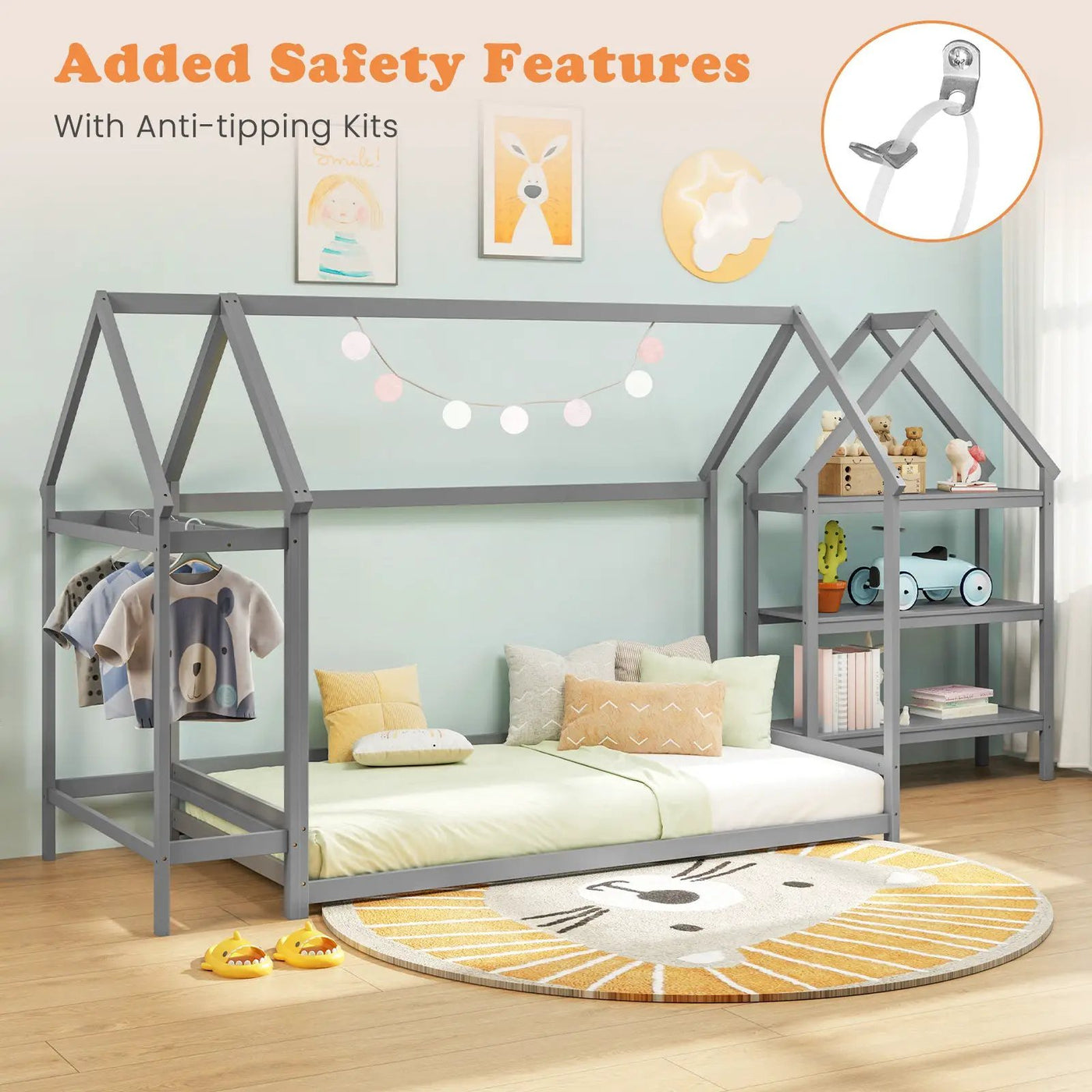 Twin Size Montessori Floor House Bed with Detachable Storage Shelves by DirectDeals
