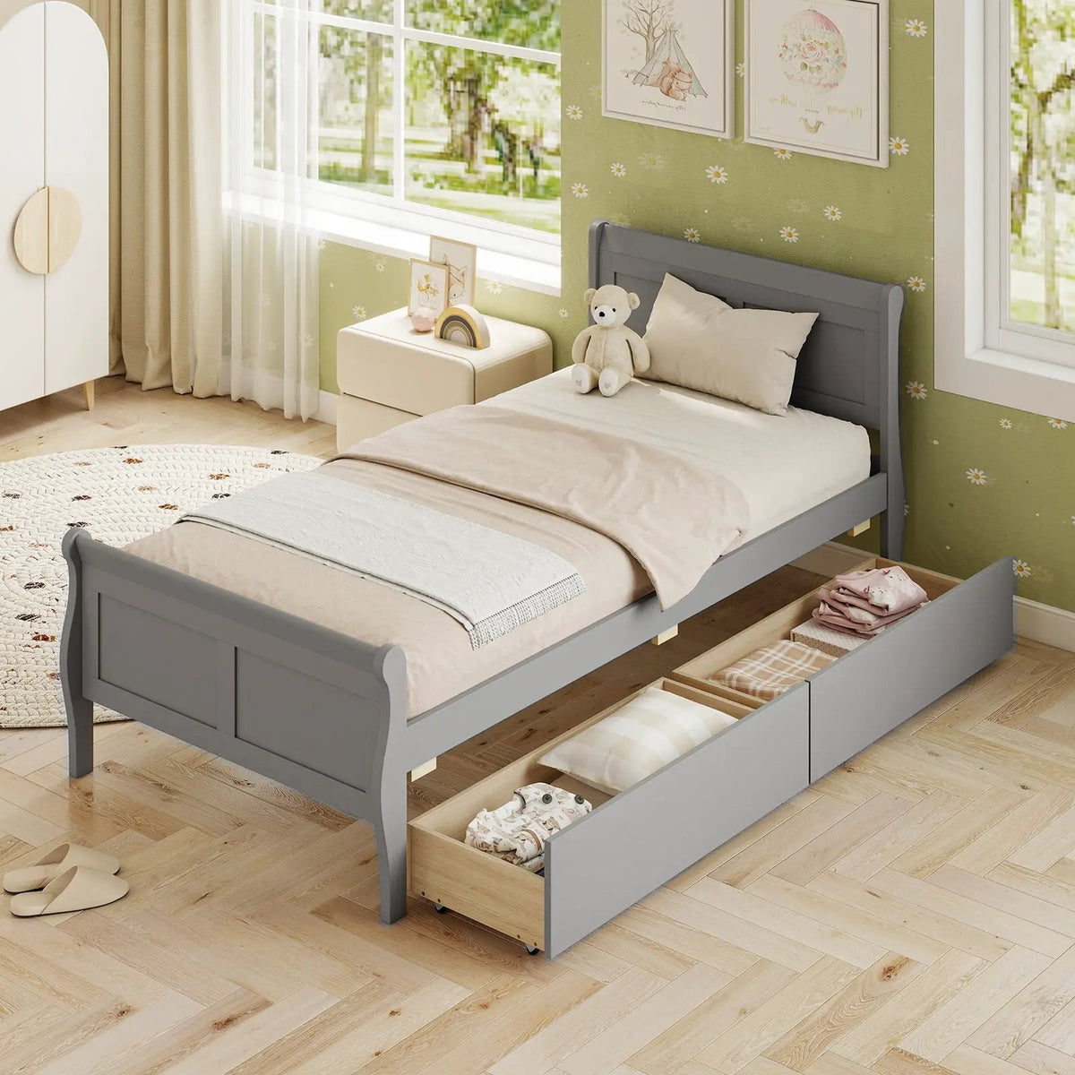 Twin Size Sleigh Bed with 2 Storage Drawers Wood Platform Bed Frame by DirectDeals