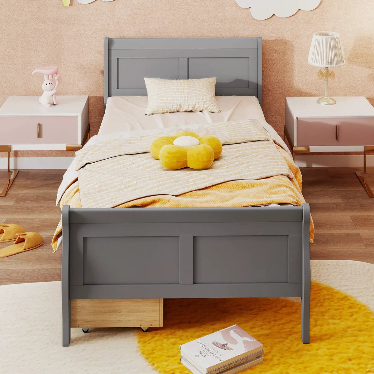 Twin Size Sleigh Bed with 2 Storage Drawers Wood Platform Bed Frame by DirectDeals