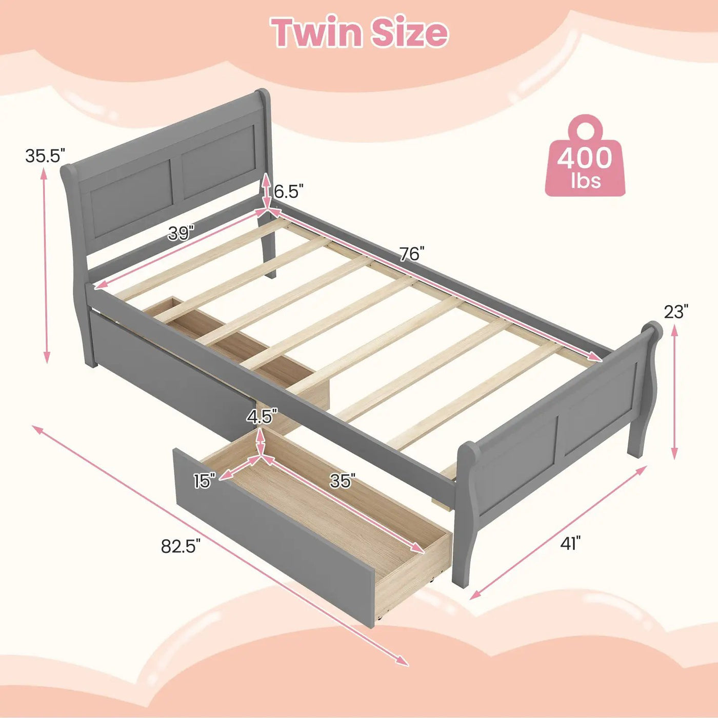 Twin Size Sleigh Bed with 2 Storage Drawers Wood Platform Bed Frame by DirectDeals