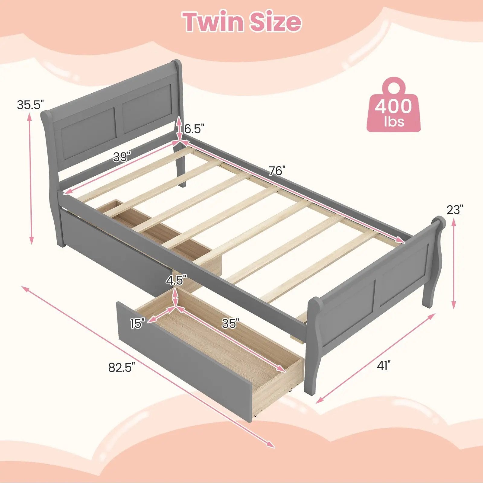 Twin Size Sleigh Bed with 2 Storage Drawers Wood Platform Bed Frame by DirectDeals