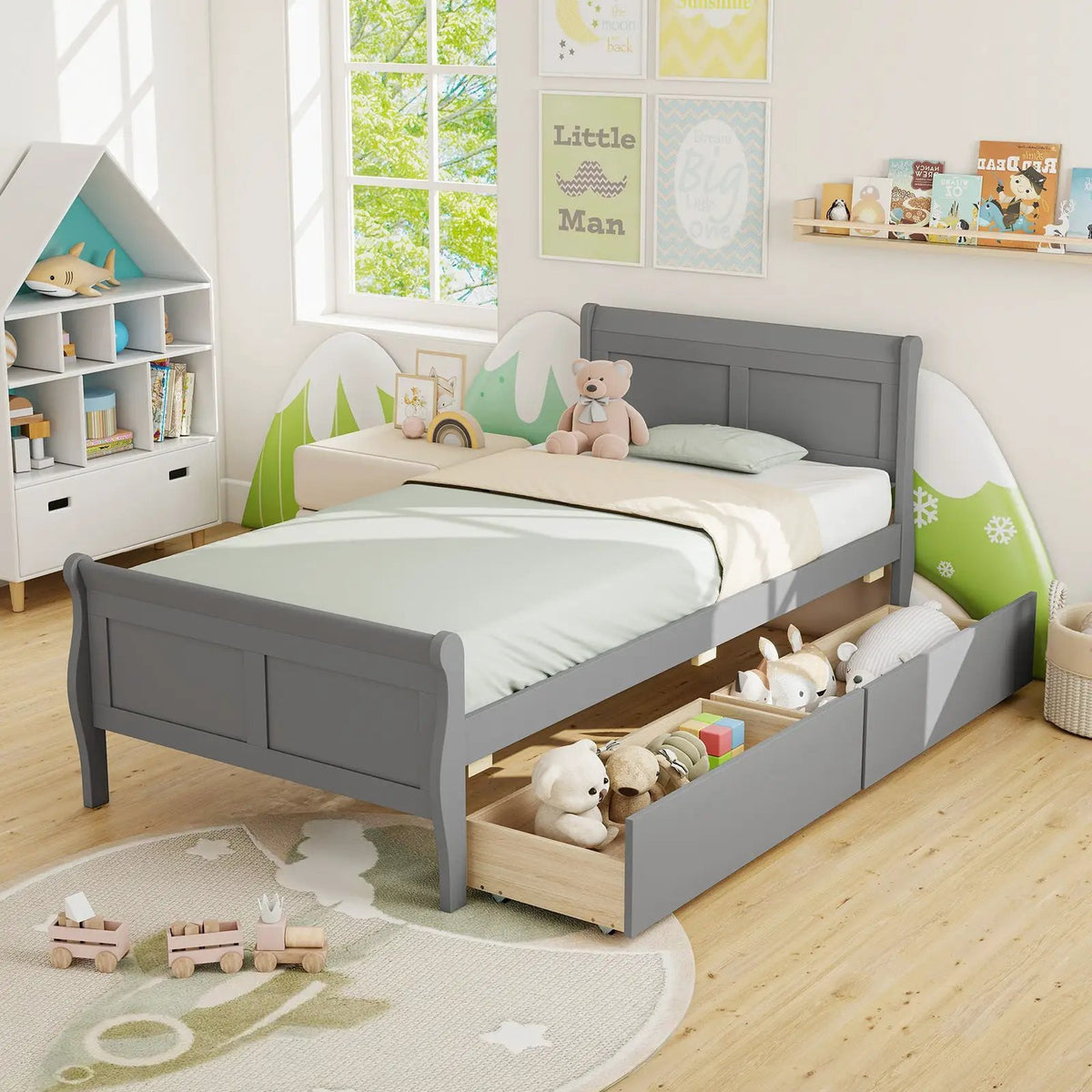 Twin Size Sleigh Bed with 2 Storage Drawers Wood Platform Bed Frame by DirectDeals