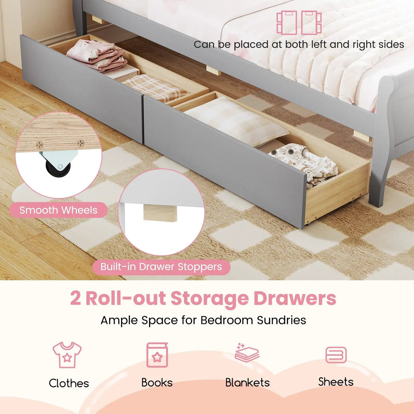 Twin Size Sleigh Bed with 2 Storage Drawers Wood Platform Bed Frame by DirectDeals