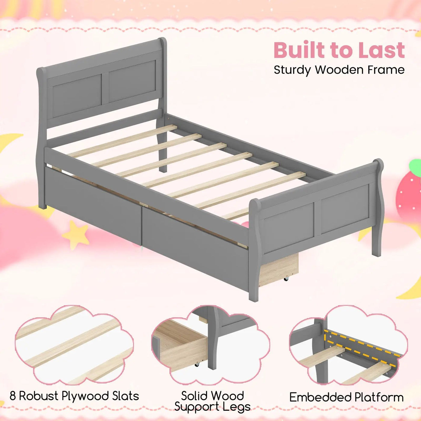 Twin Size Sleigh Bed with 2 Storage Drawers Wood Platform Bed Frame by DirectDeals