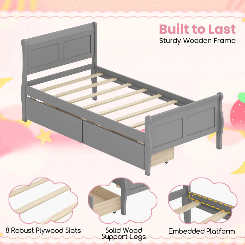 Twin Size Sleigh Bed with 2 Storage Drawers Wood Platform Bed Frame by DirectDeals