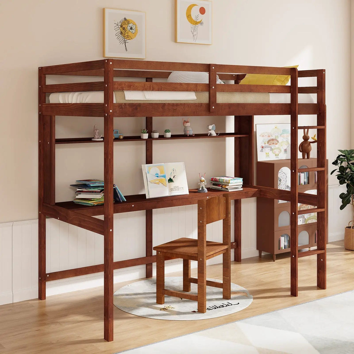 Twin Size Solid Wood Slatted Loft Bed Frame with Safety Guardrail for Kid by DirectDeals