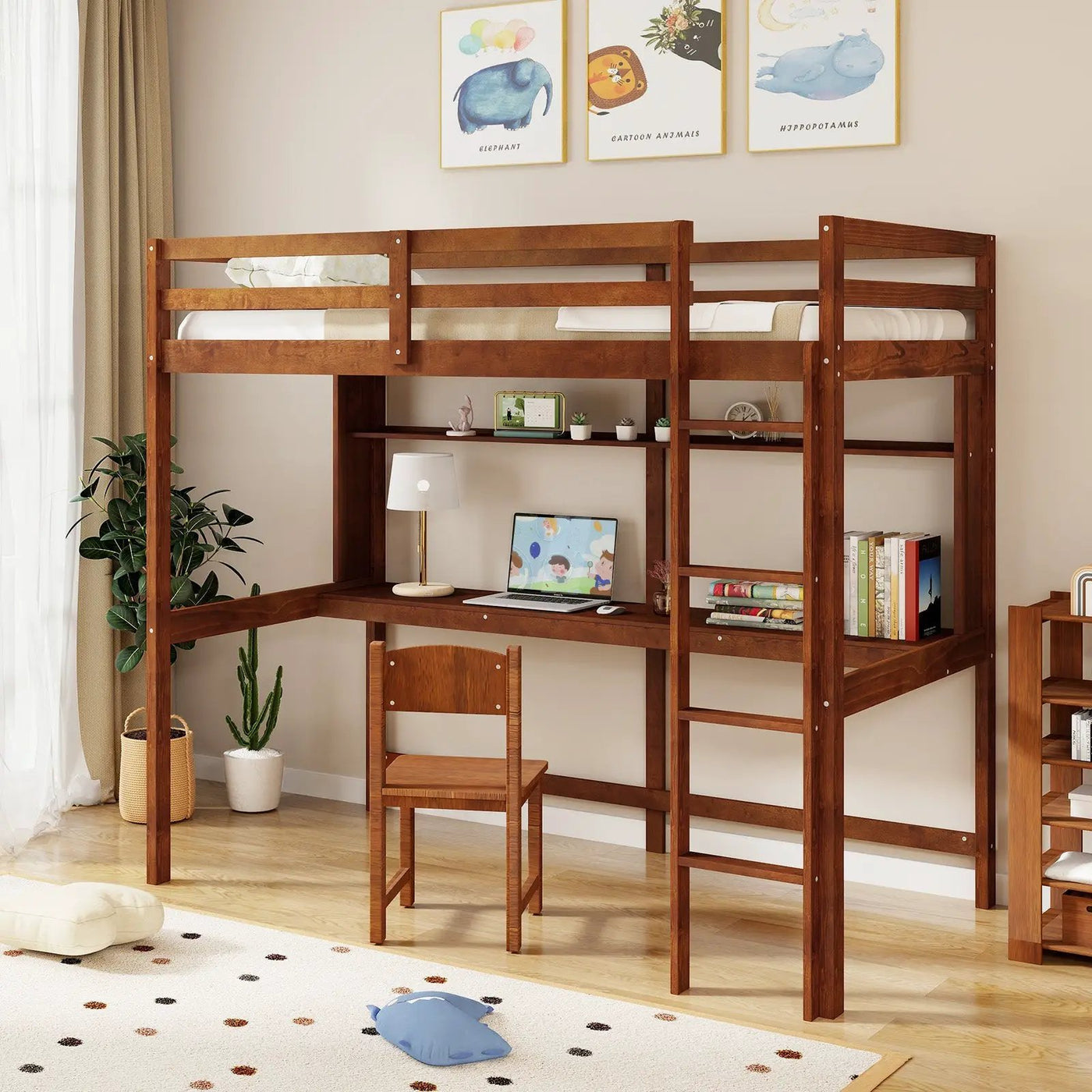 Twin Size Solid Wood Slatted Loft Bed Frame with Safety Guardrail for Kid by DirectDeals