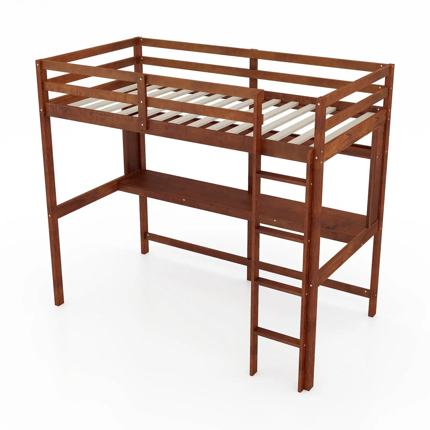 Twin Size Solid Wood Slatted Loft Bed Frame with Safety Guardrail for Kid by DirectDeals