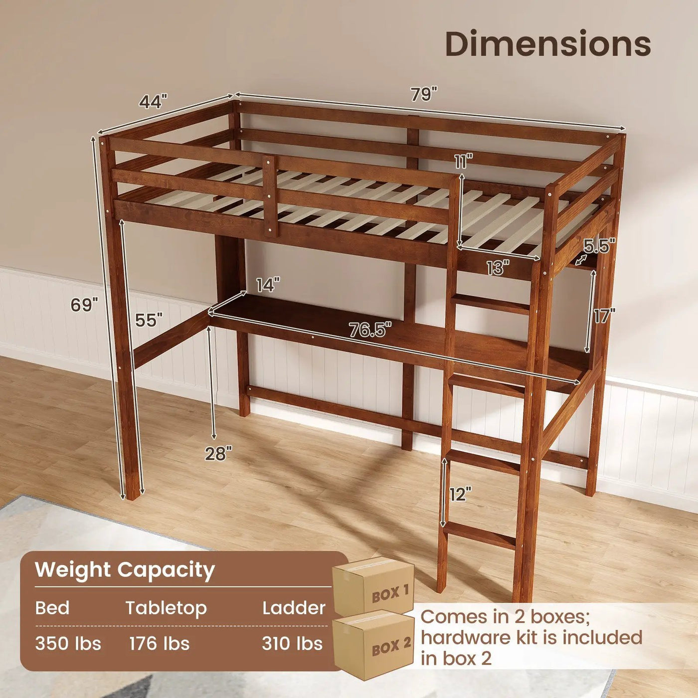 Twin Size Solid Wood Slatted Loft Bed Frame with Safety Guardrail for Kid by DirectDeals