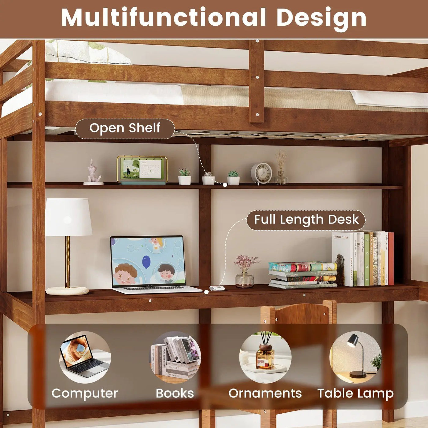 Twin Size Solid Wood Slatted Loft Bed Frame with Safety Guardrail for Kid by DirectDeals