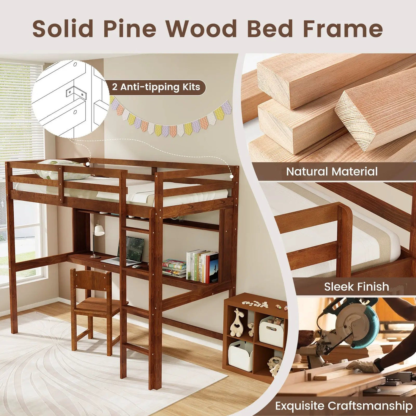 Twin Size Solid Wood Slatted Loft Bed Frame with Safety Guardrail for Kid by DirectDeals