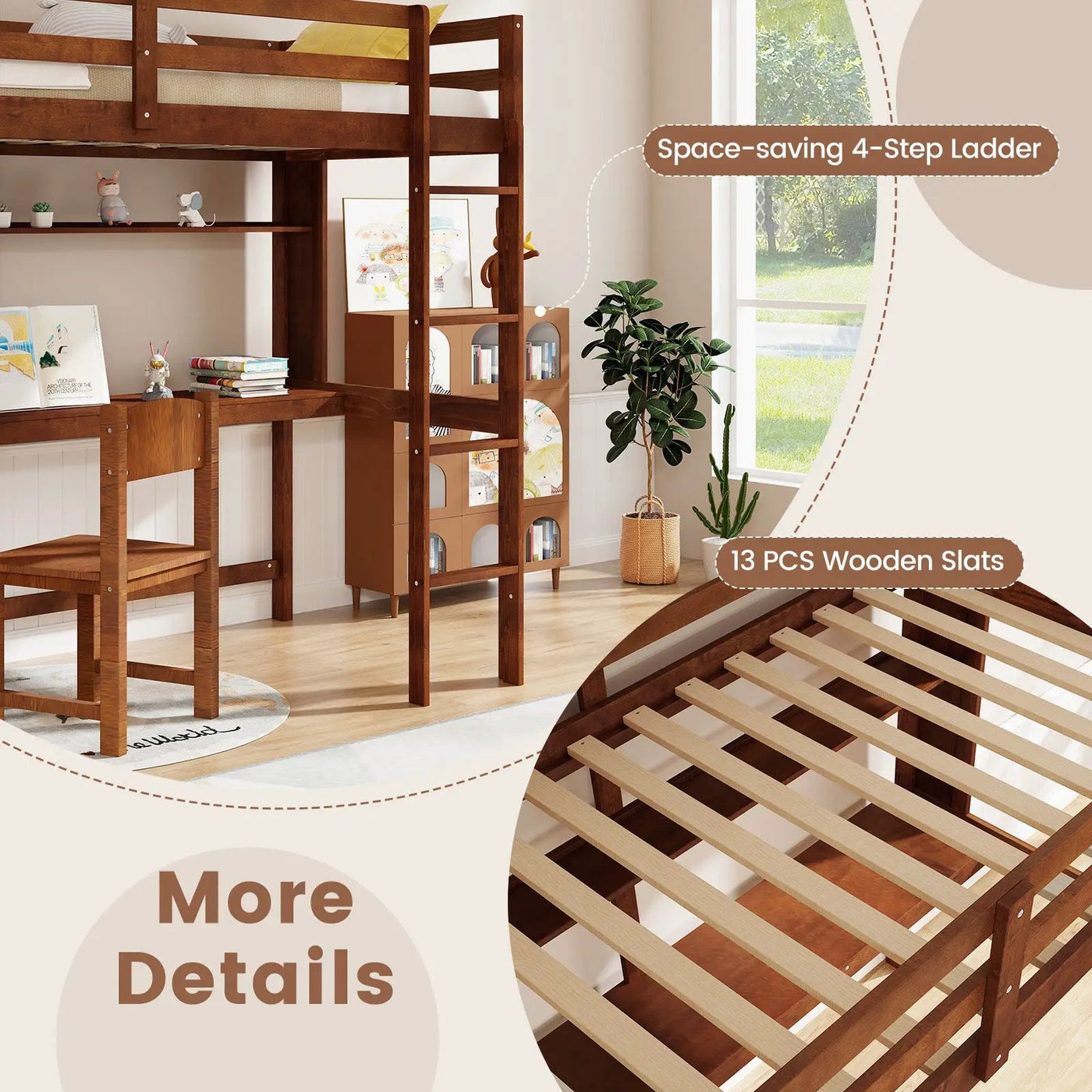 Twin Size Solid Wood Slatted Loft Bed Frame with Safety Guardrail for Kid by DirectDeals