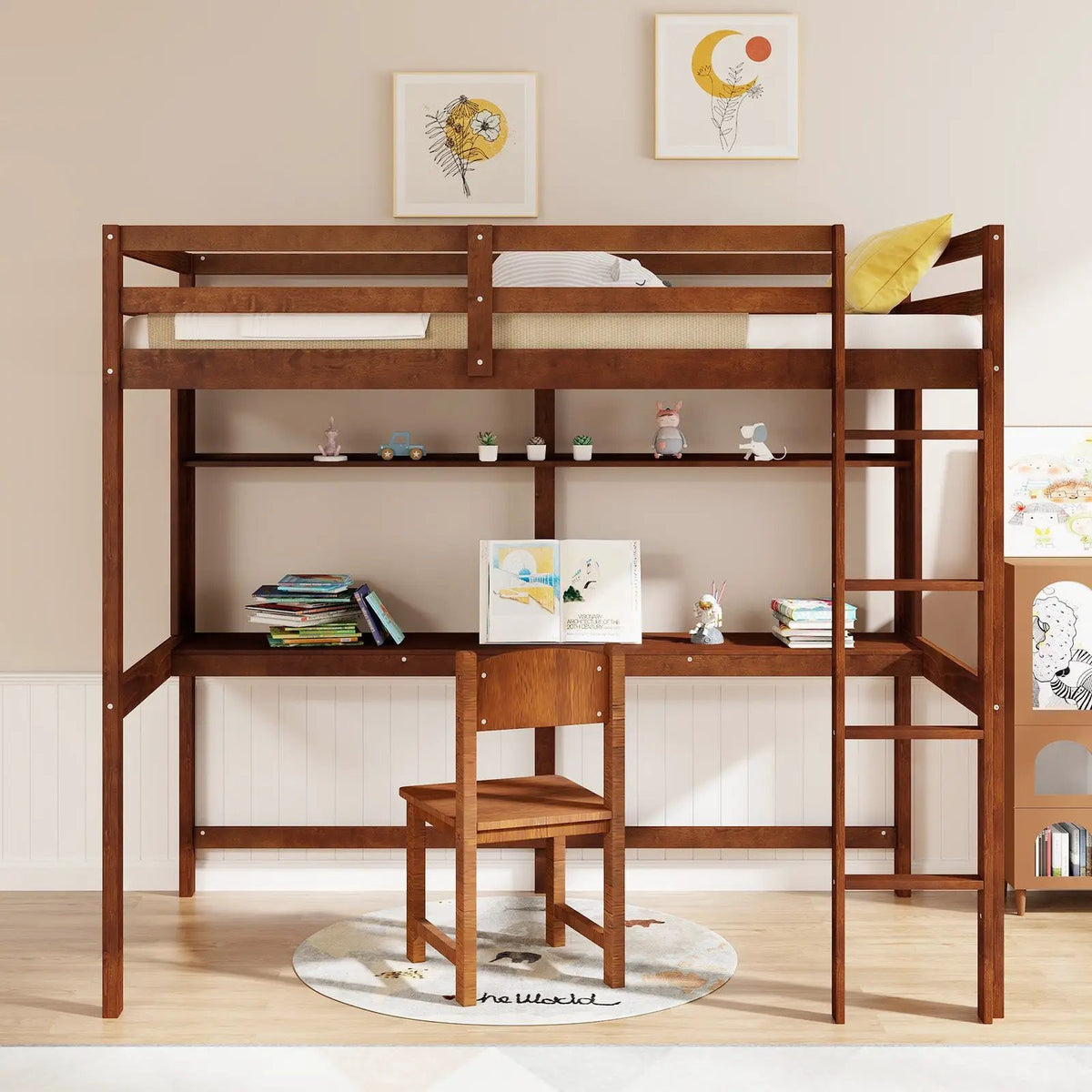 Twin Size Solid Wood Slatted Loft Bed Frame with Safety Guardrail for Kid by DirectDeals