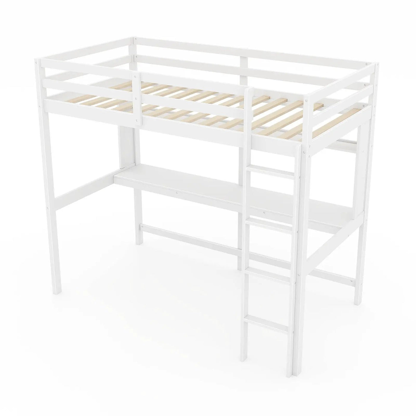 Twin Size Solid Wood Slatted Loft Bed Frame with Safety Guardrail for Kid by DirectDeals