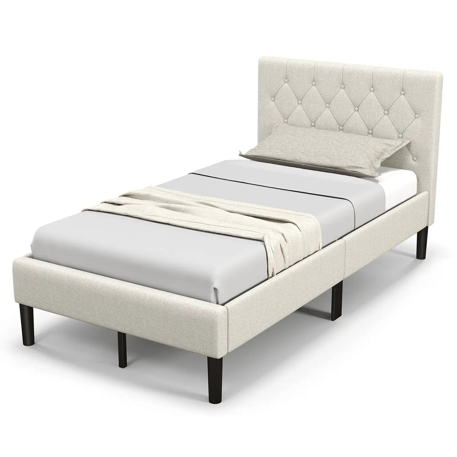 Twin Size Upholstered Platform Bed with Button Tufted Headboard-Beige by DirectDeals