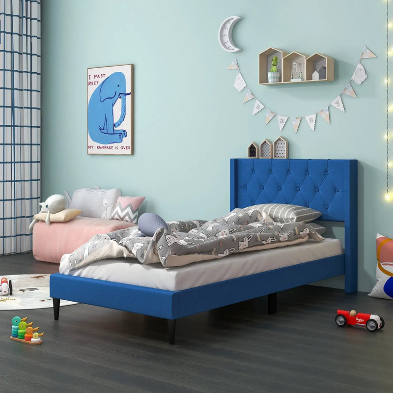 Twin Size Upholstered Platform Bed with Button Tufted Wingback Headboard by DirectDeals