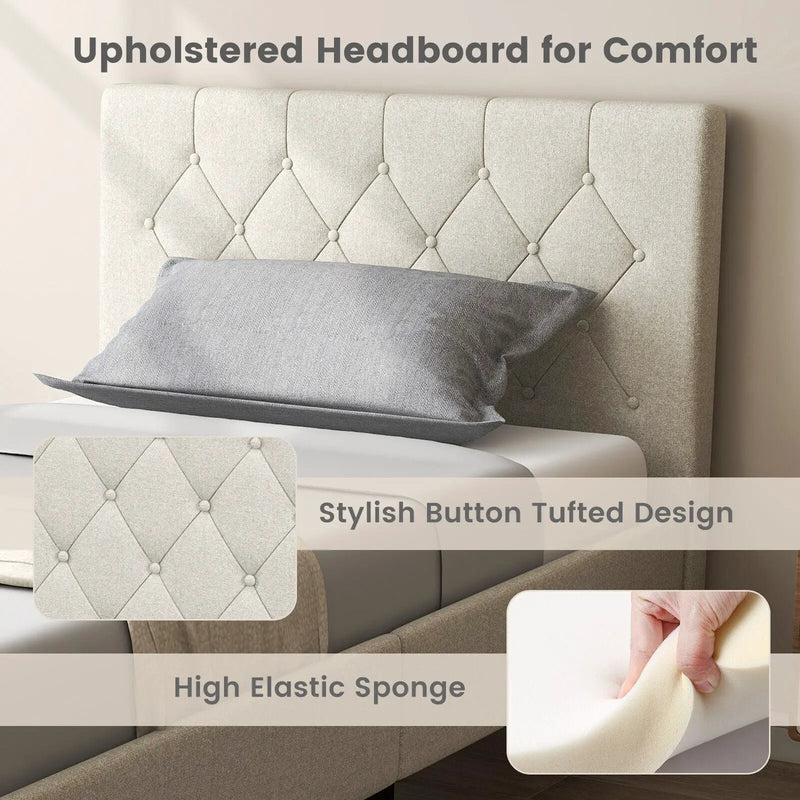 Twin Size Upholstered Platform Bed with Button Tufted Headboard-Beige by DirectDeals