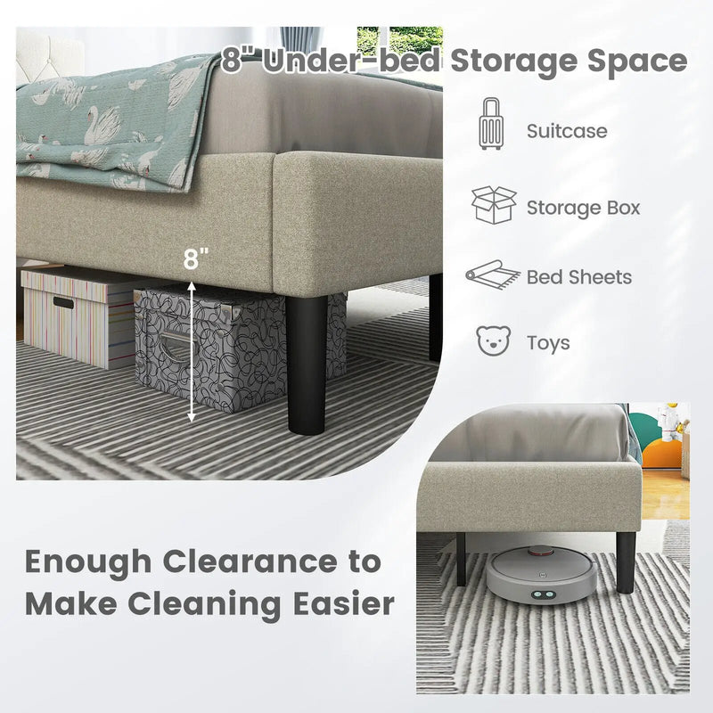 Twin Size Upholstered Platform Bed with Button Tufted Headboard-Beige by DirectDeals