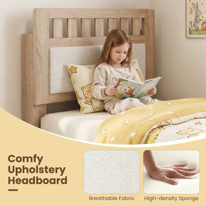 Twin Size Wood Bed Frame with Upholstered Headboard Mid Century Style by DirectDeals