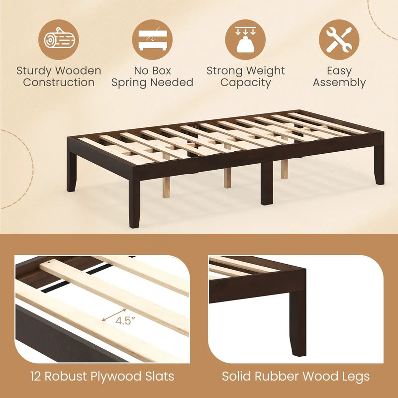 14 Inch Twin Wood Platform Bed Frame with Wooden Slats Support by DirectDeals