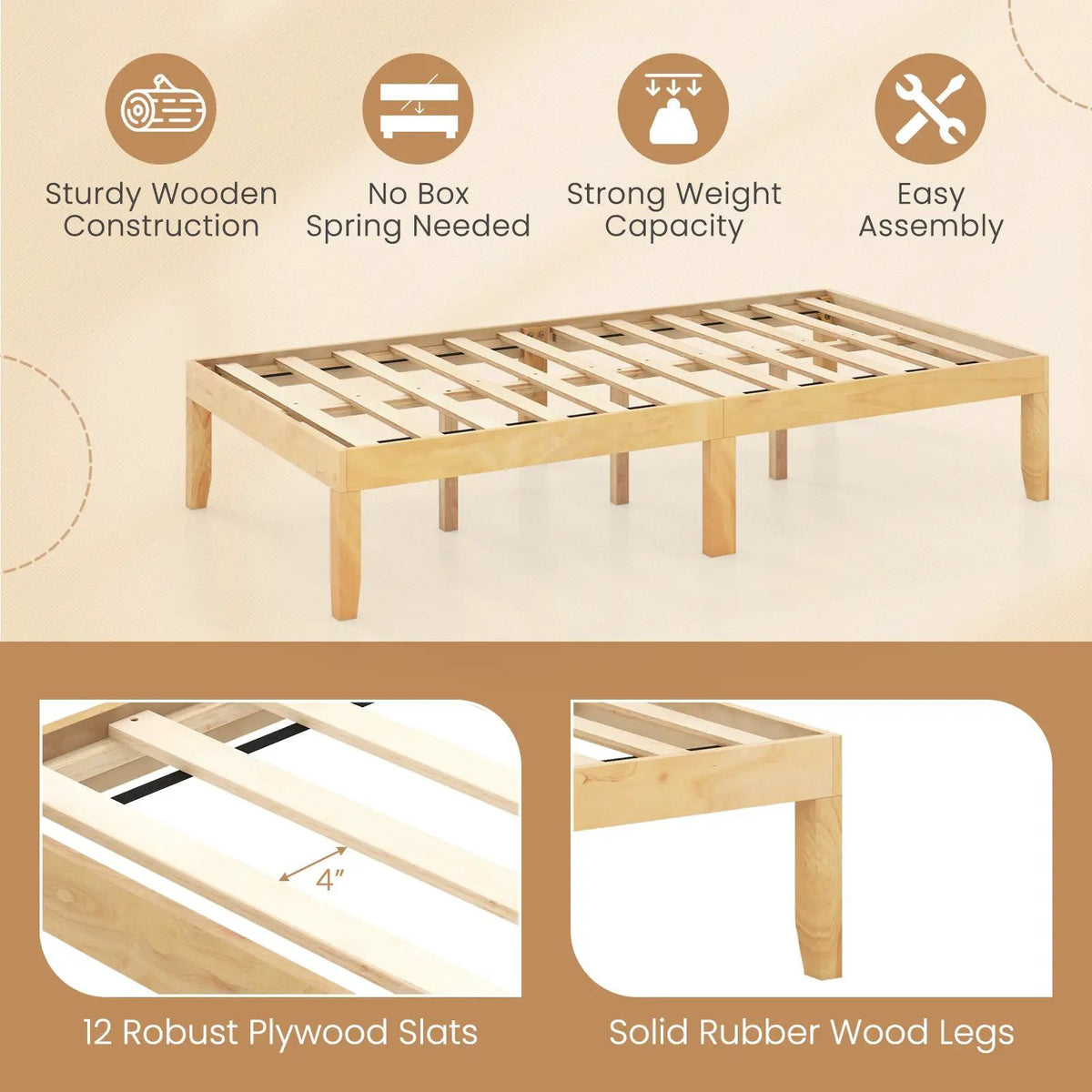 14 Inch Twin Wood Platform Bed Frame with Wooden Slats Support by DirectDeals