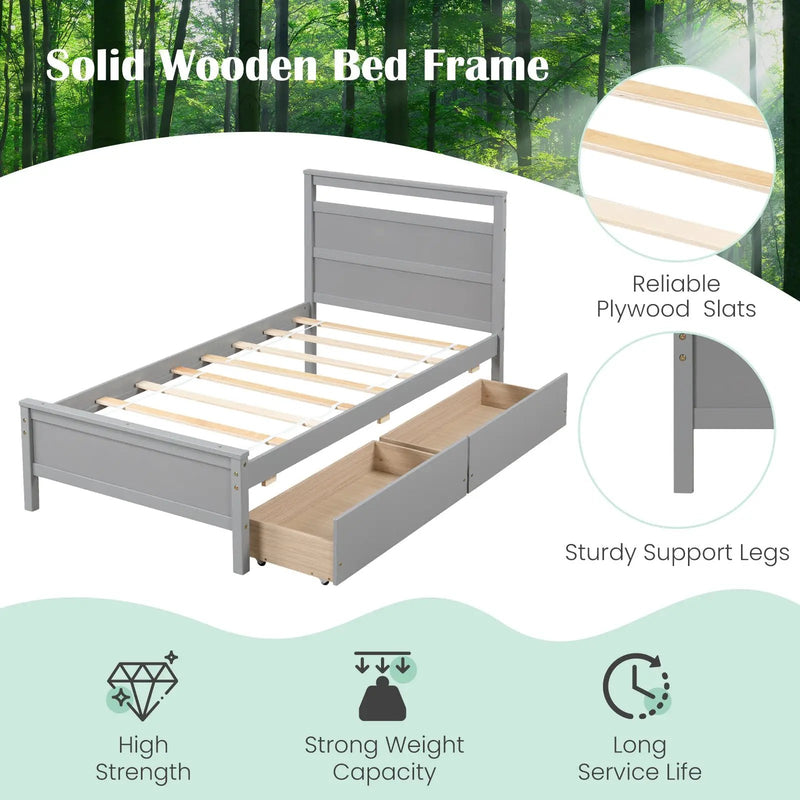 Twin Size Wooden Bed Frame with 2 Drawers for Teens and Adults by DirectDeals