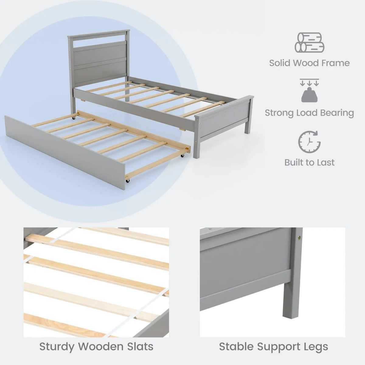 Twin Size Wooden Bed Frame with Trundle for Teens and Adults by DirectDeals
