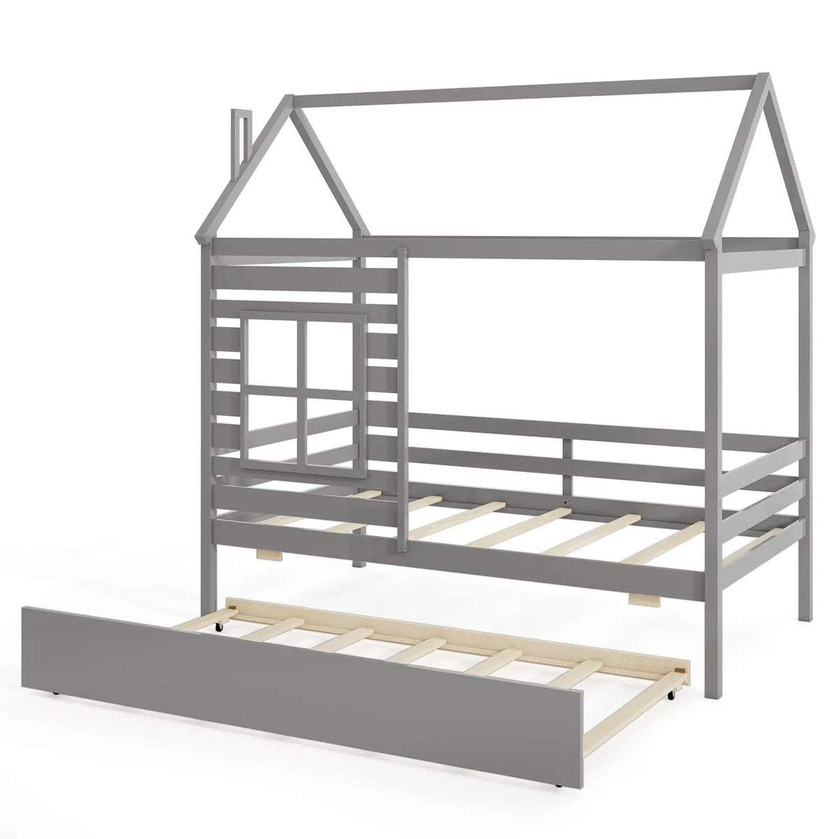 Twin Size Wooden Platform House Bed with Trundle and Roof by DirectDeals