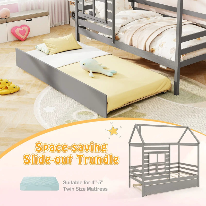 Twin Size Wooden Platform House Bed with Trundle and Roof by DirectDeals