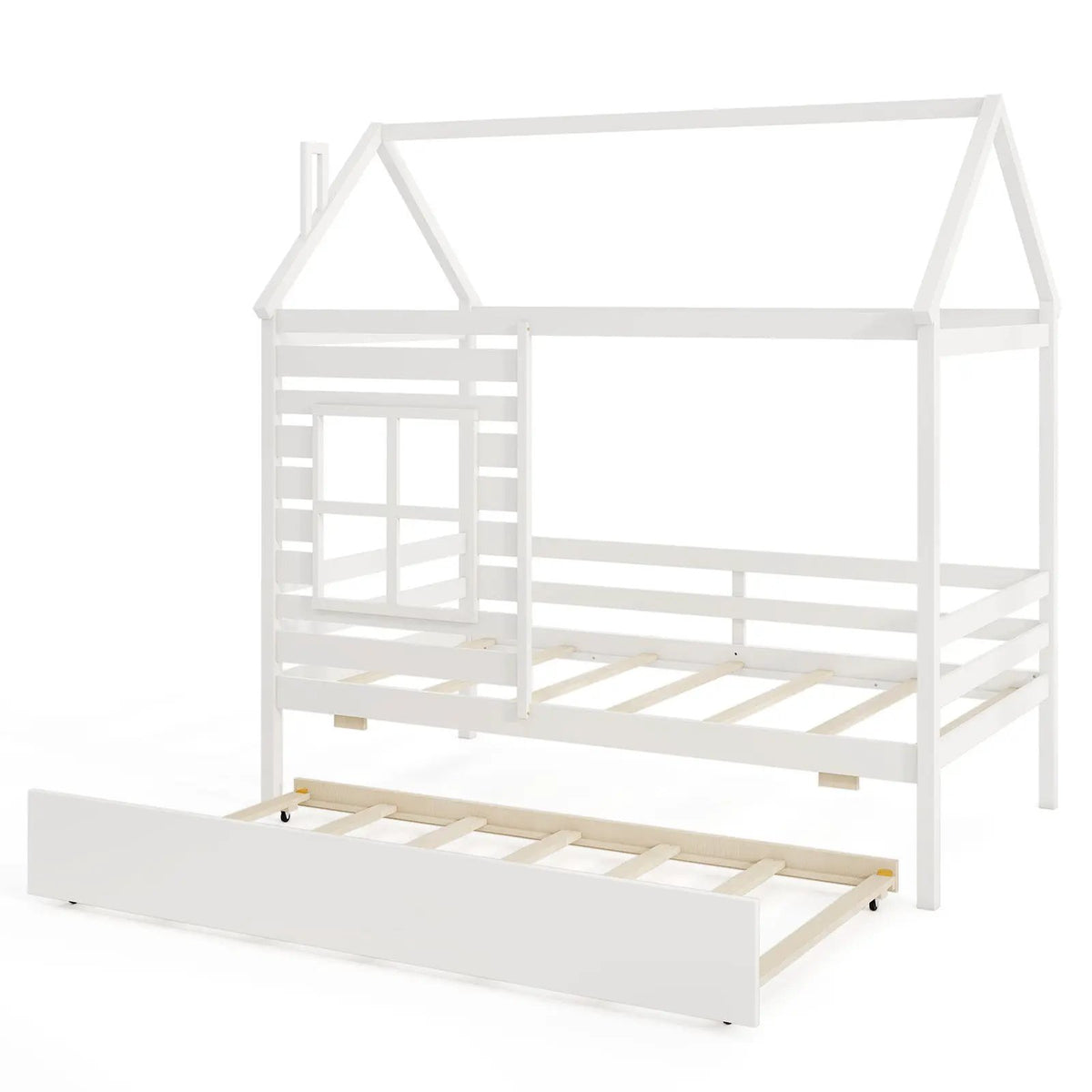 Twin Size Wooden Platform House Bed with Trundle and Roof by DirectDeals