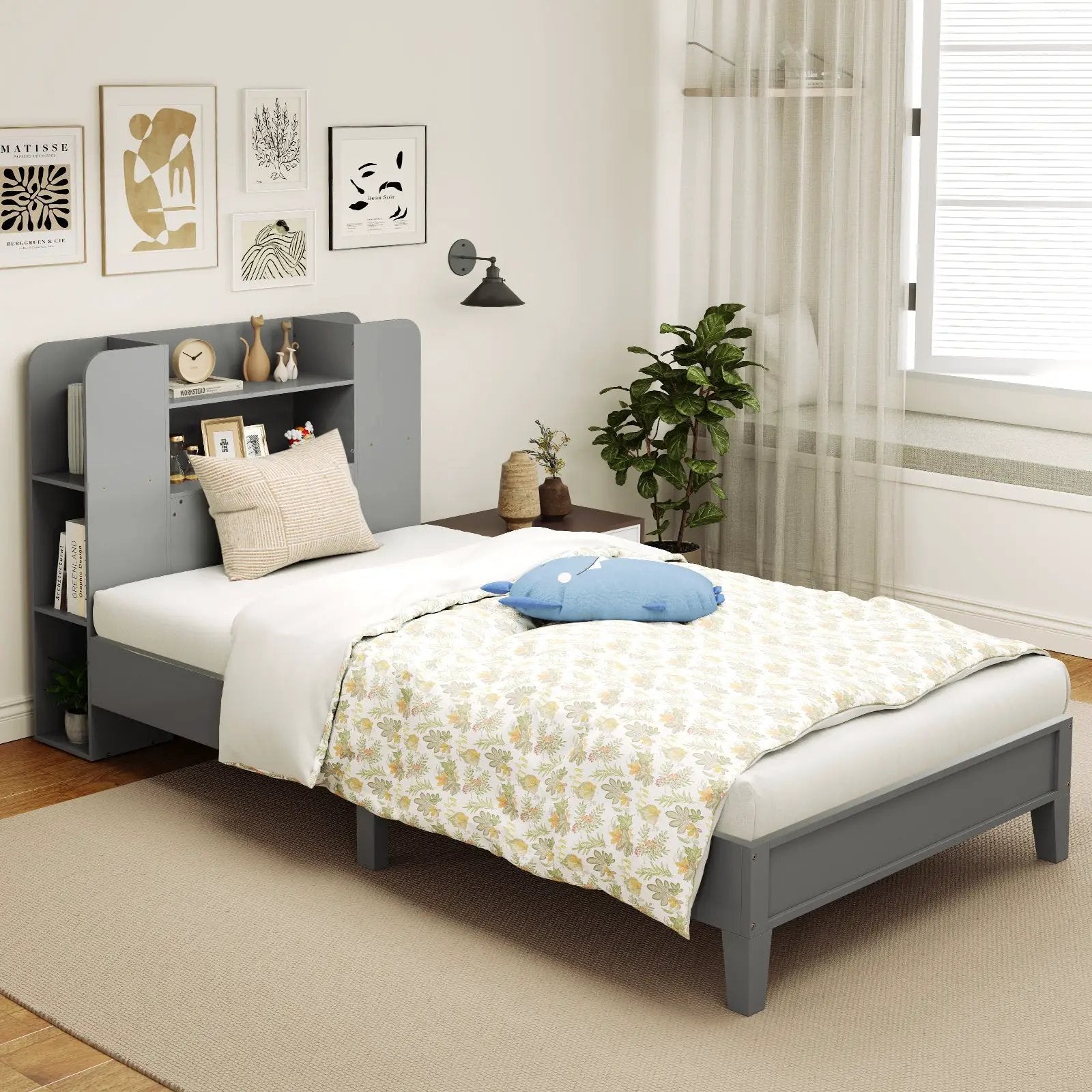 Twin Size Wooden Platform Bed Frame with Bookcase Headboard-Gray by DirectDeals