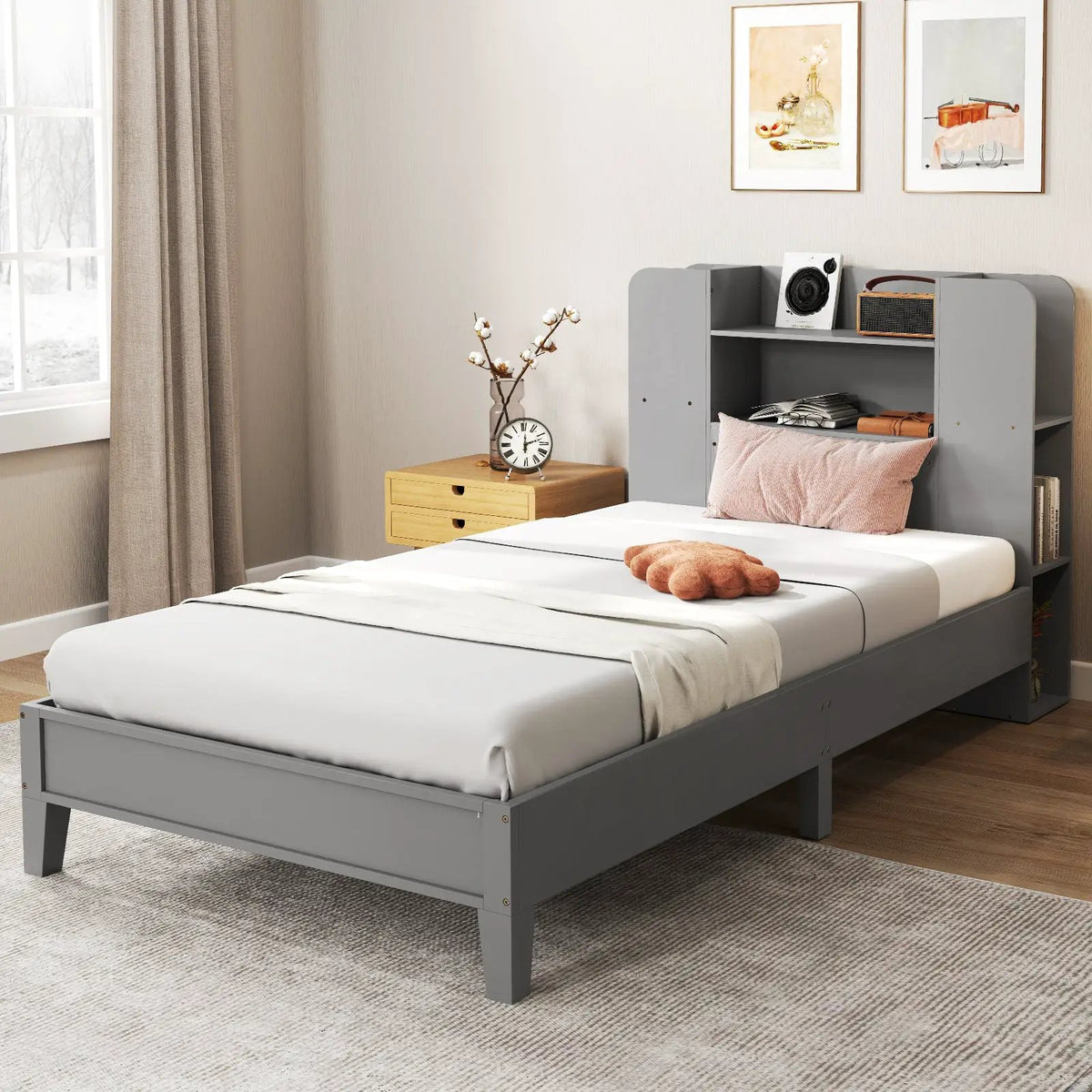 Twin Size Wooden Platform Bed Frame with Bookcase Headboard-Gray by DirectDeals