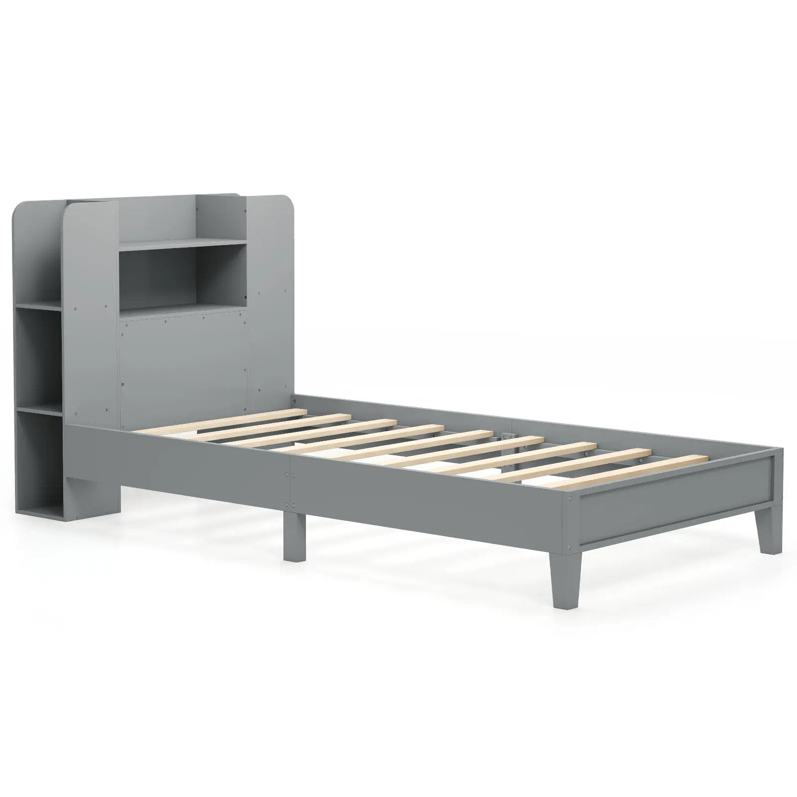 Twin Size Wooden Platform Bed Frame with Bookcase Headboard-Gray by DirectDeals