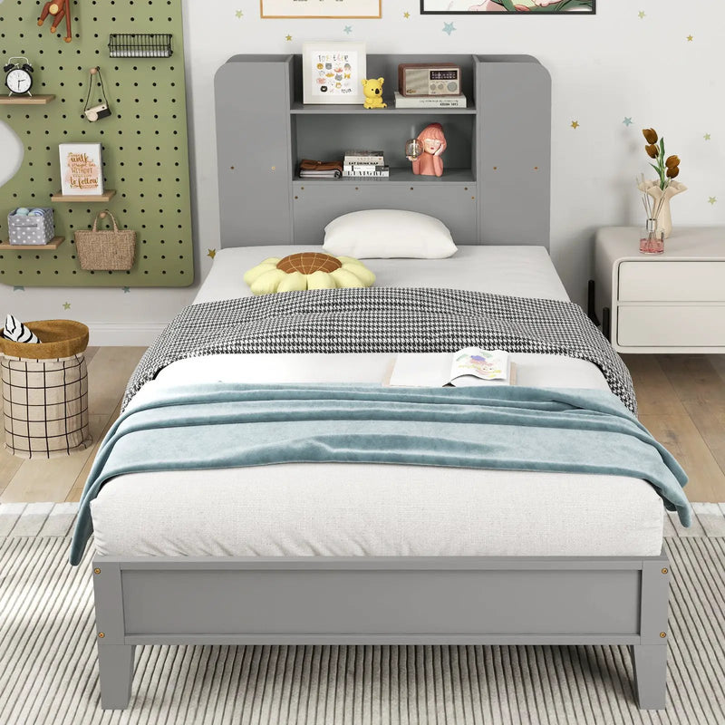 Twin Size Wooden Platform Bed Frame with Bookcase Headboard-Gray by DirectDeals
