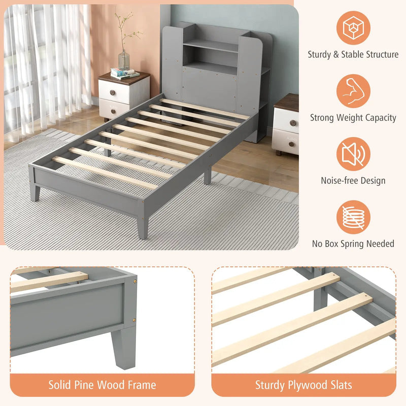 Twin Size Wooden Platform Bed Frame with Bookcase Headboard-Gray by DirectDeals
