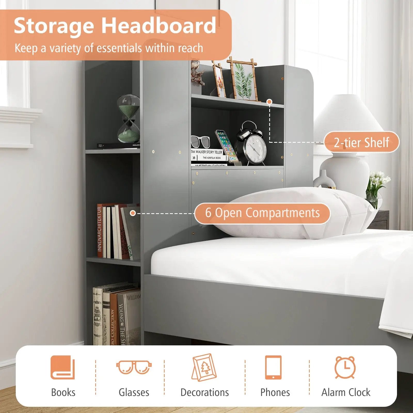 Twin Size Wooden Platform Bed Frame with Bookcase Headboard-Gray by DirectDeals