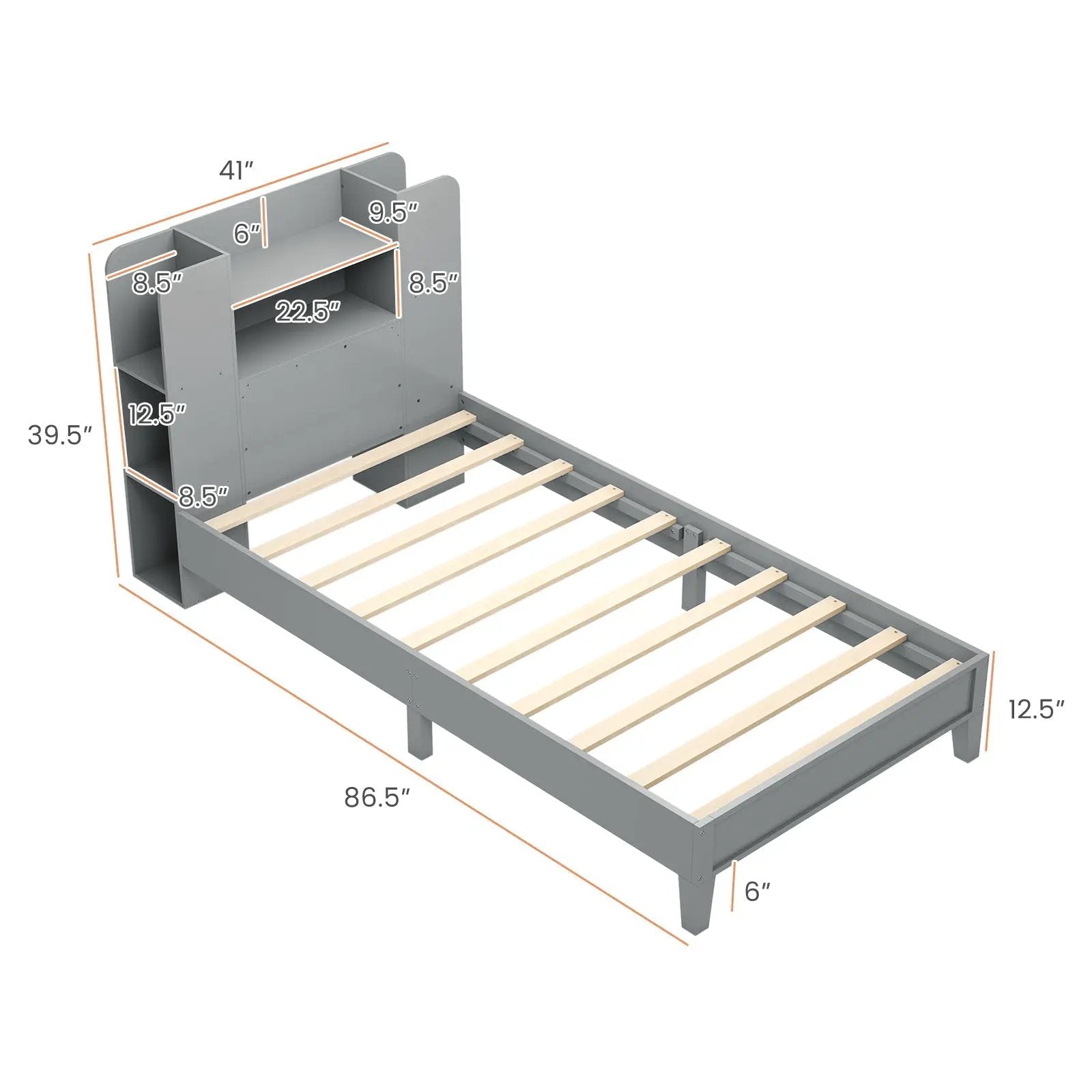 Twin Size Wooden Platform Bed Frame with Bookcase Headboard-Gray by DirectDeals